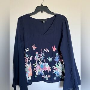 Karen Kane Navy Blouse with Floral Embroidery